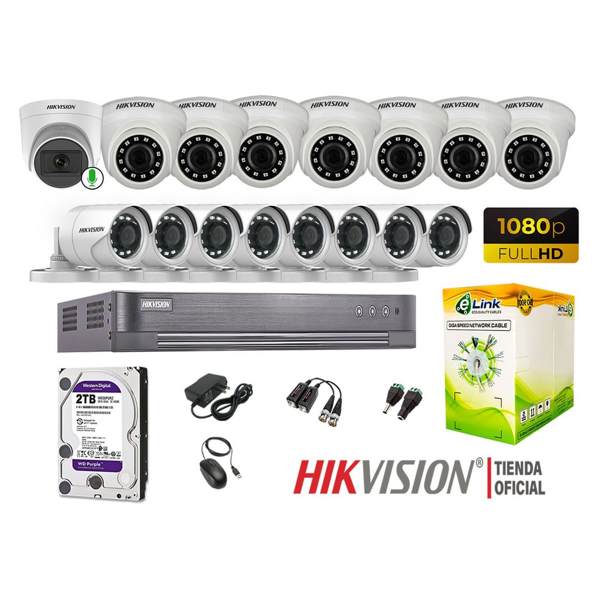 HIKVISION - Kit 16 Cámaras Seguridad Full Hd Disco 2TB 1 Cámara Micrófono