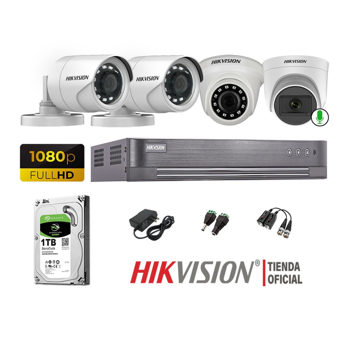 HIKVISION - Kit 4 Cámaras De Seguridad Fhd Disco 1TB 1 Cámara Micrófono