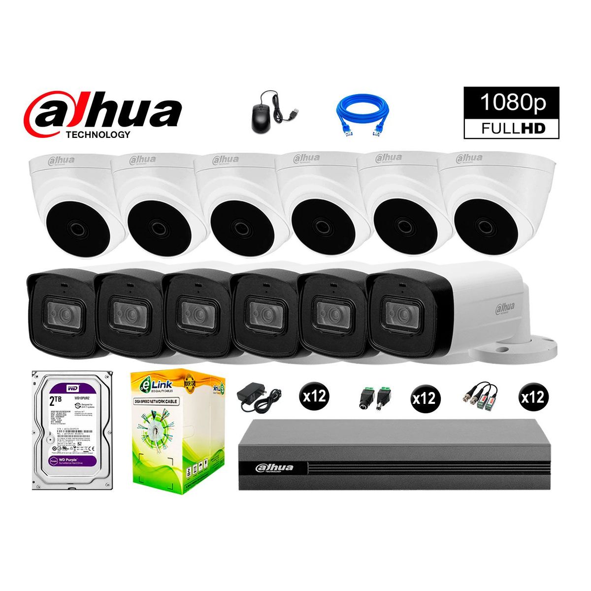 DAHUA - CÁMARAS SEGURIDAD KIT 12 40MTS MAYOR ALCANCE FULL HD + DISCO 2TB P2P