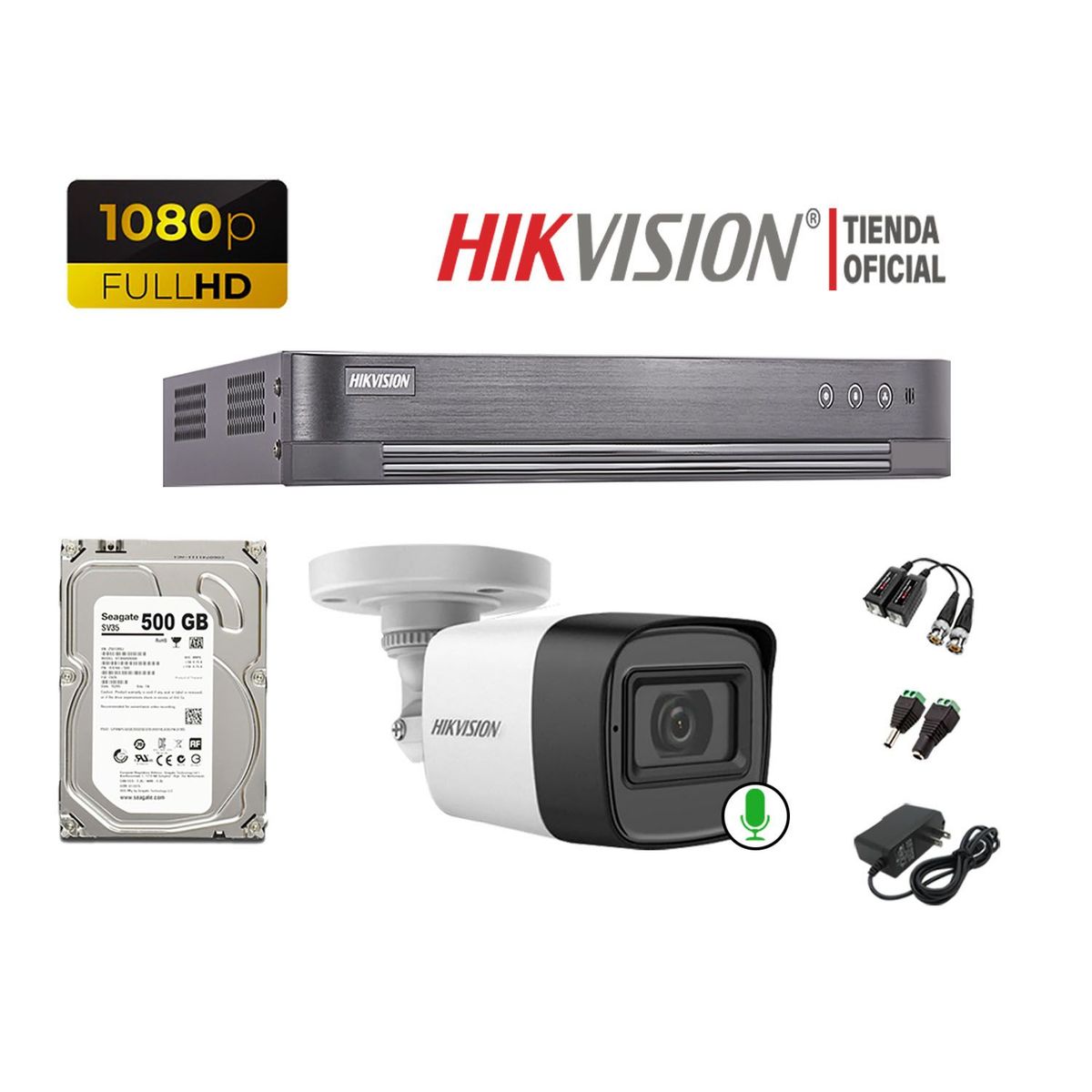 HIKVISION - Kit 1 Cámara Seguridad Tubo 1080P Con Audio Disco 500Gb