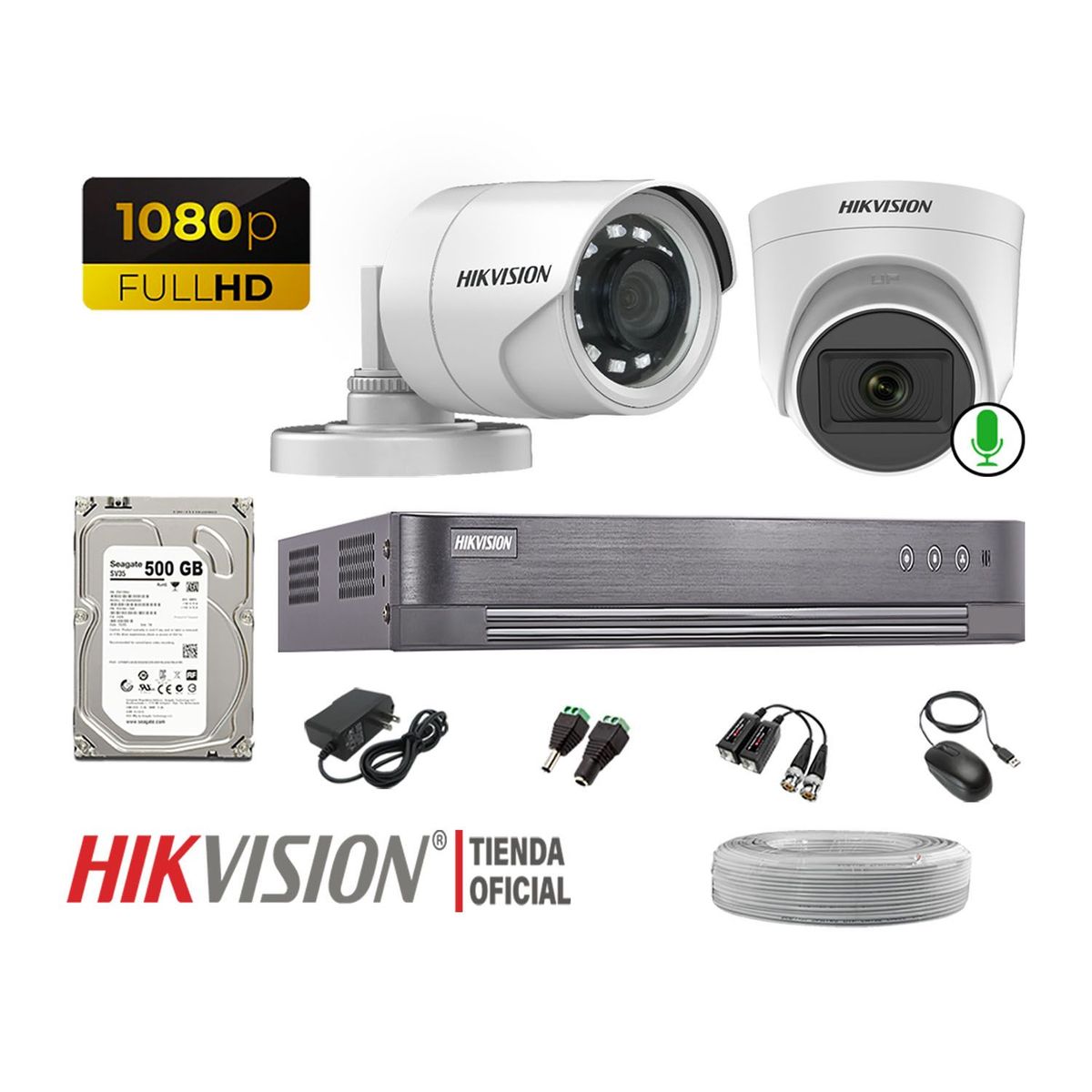 HIKVISION - Kit 2 Cámaras Seguridad 1080P Disco 500Gb 1 Cámara Micrófono