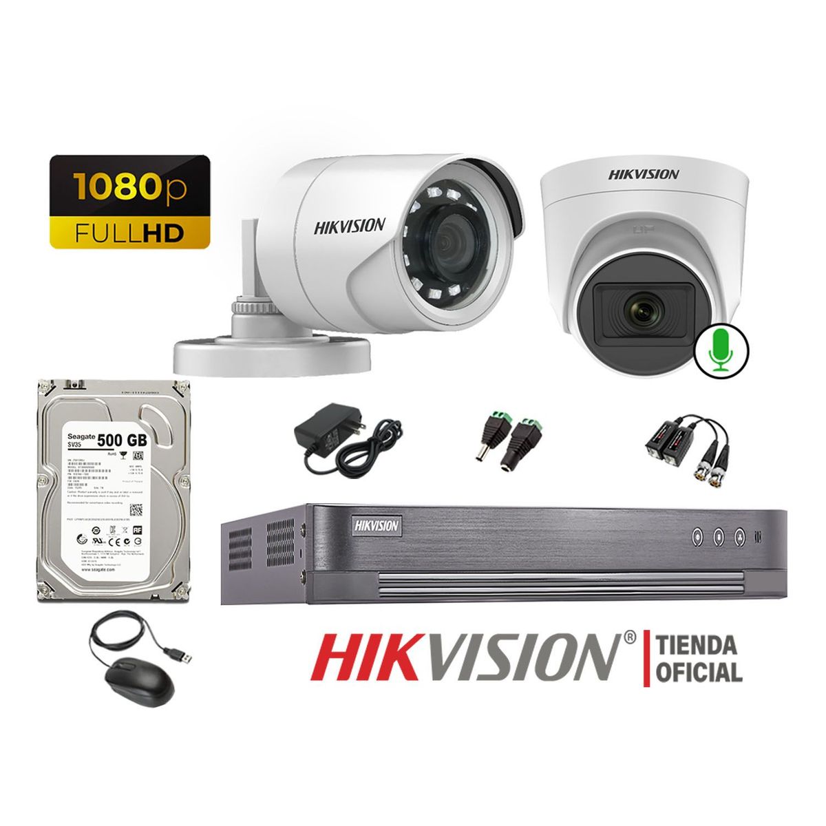 HIKVISION - Kit 2 Cámaras Seguridad 1080P 1 Cámara Micrófono Disco 500Gb