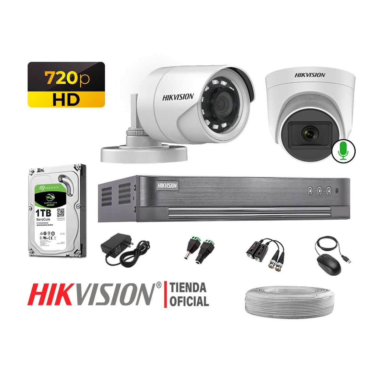 Hikvision - Kit 2 Cámaras Seguridad 720p 1 Cámara Micrófono Disco 1TB.
