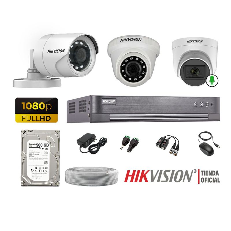 HIKVISION - Kit 3 Cámaras Seguridad Fhd 1 Cámara Micrófono Disco 500Gb