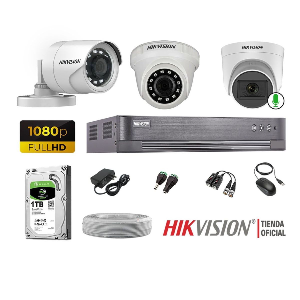 HIKVISION - Kit 3 Cámaras De Seguridad Fhd Disco 1TB 1 Cámara Micrófono