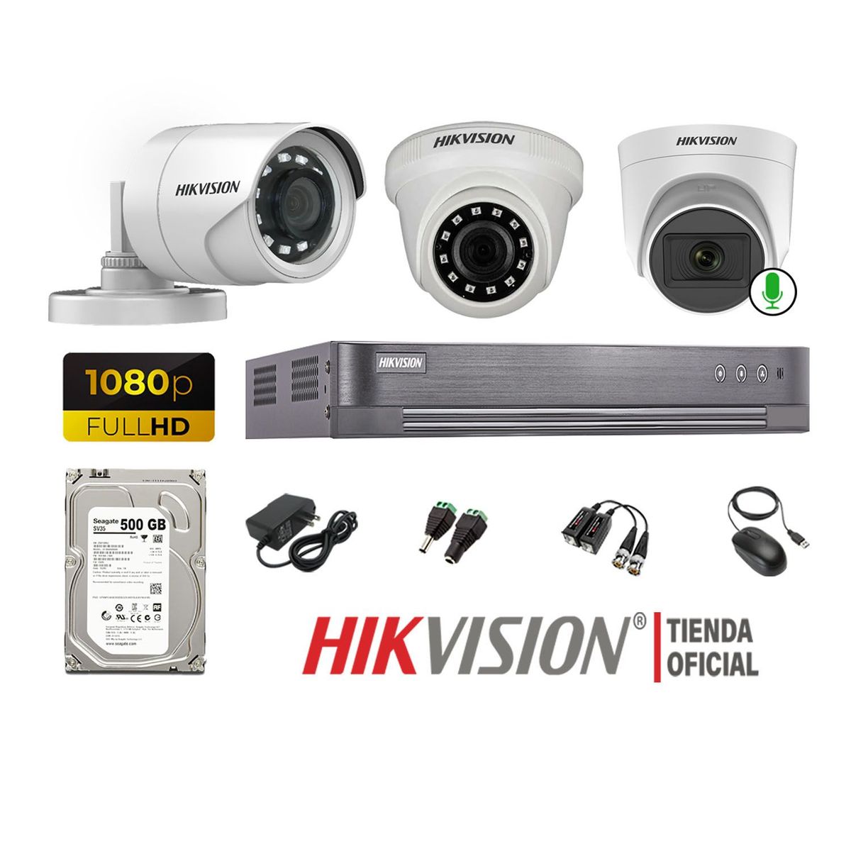 HIKVISION - Kit 3 Cámaras Seguridad 1080P 1 Cámara Micrófono Disco 500Gb