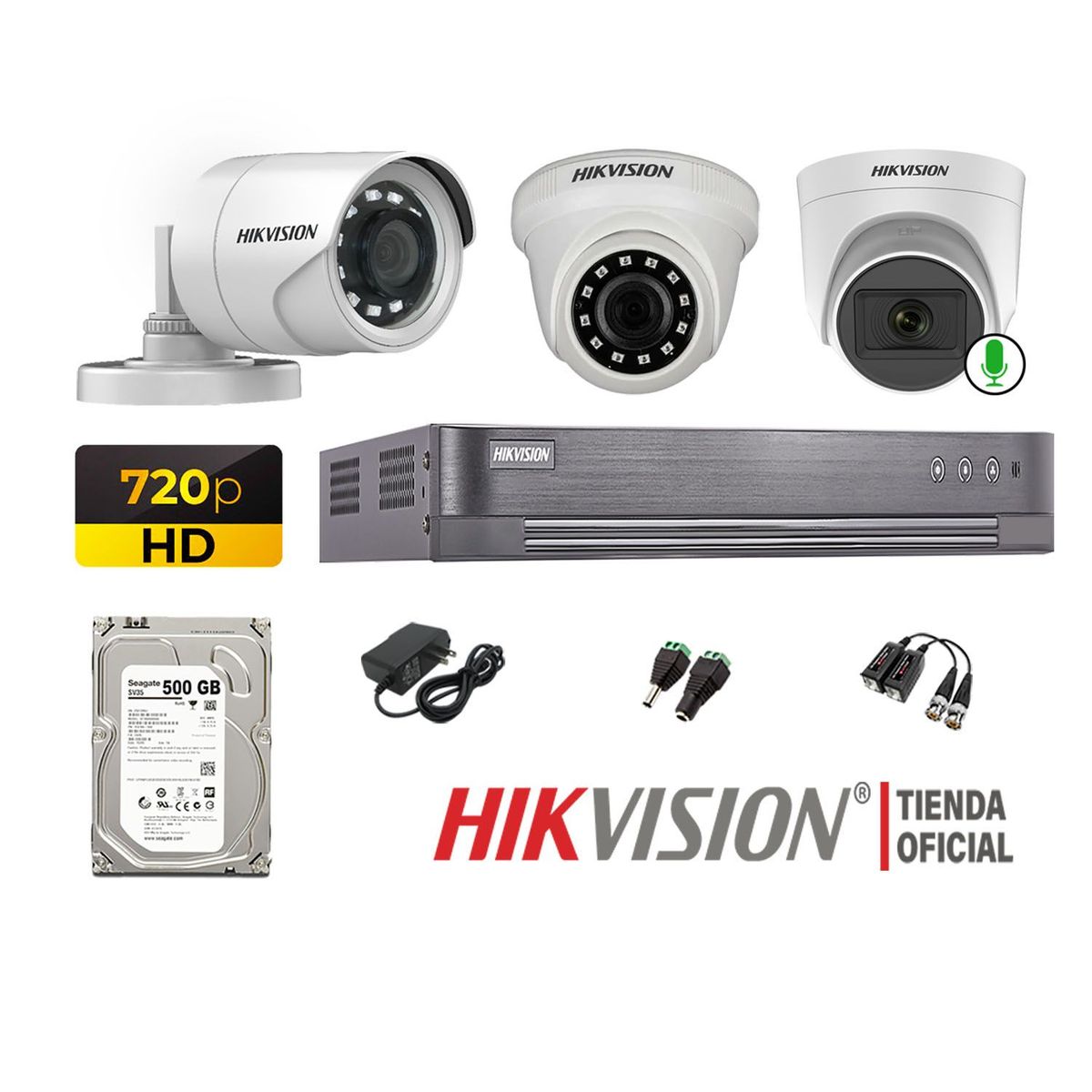 HIKVISION - Kit 3 Cámaras Seguridad Hd Disco 500Gb 1 Cámara Micrófono