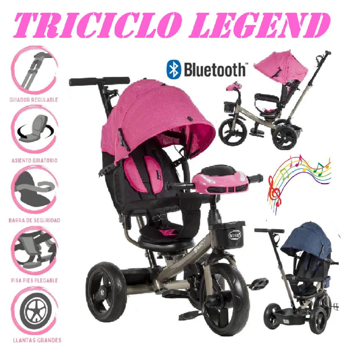 EBABY - Triciclo Guiador 3 En 1 USB Bluetooth LEGEND EB362 -Rosado