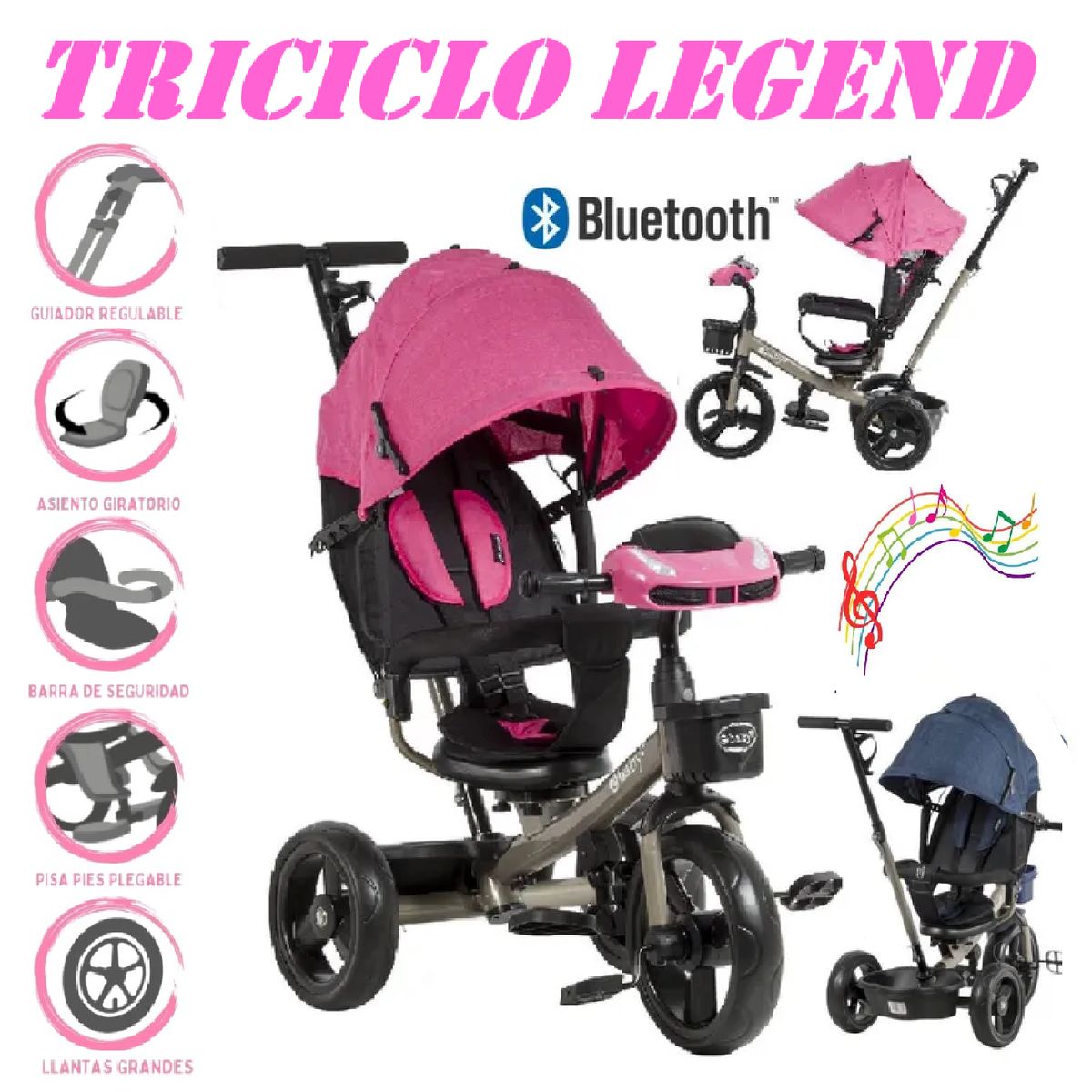 EBABY - Triciclo Guiador 3 En 1 USB Bluetooth LEGEND EB362 -Rosado