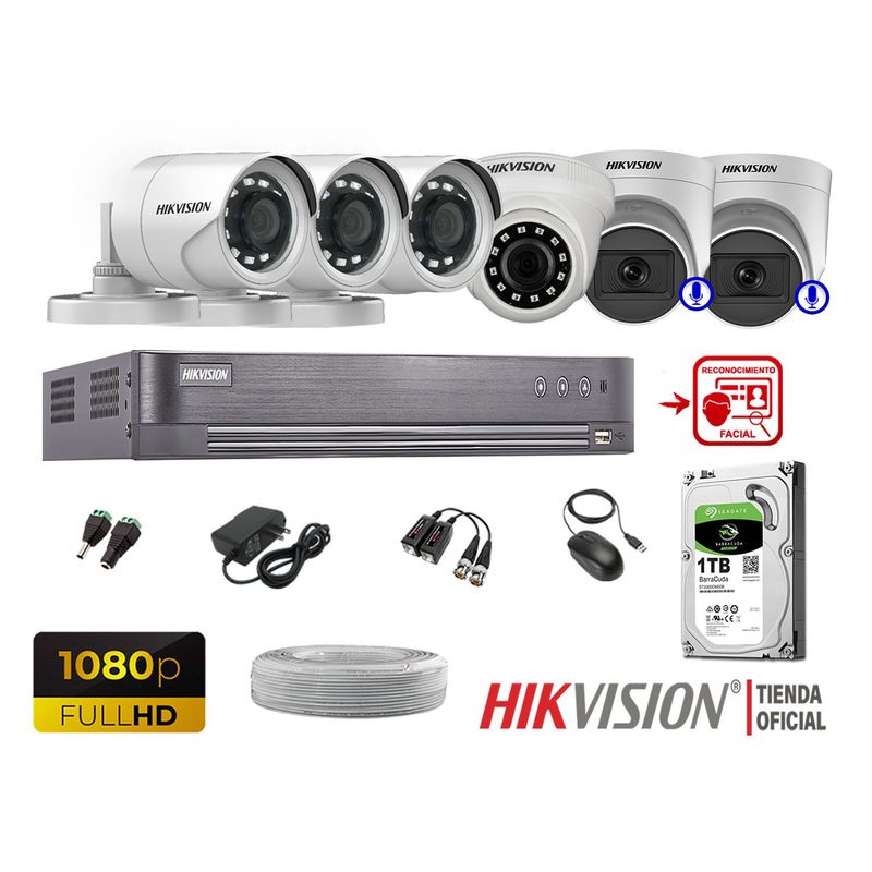 HIKVISION - KIT 6 CÁMARAS SEGURIDAD 1080P 2 CAMARAS AUDIO REC FACIAL.