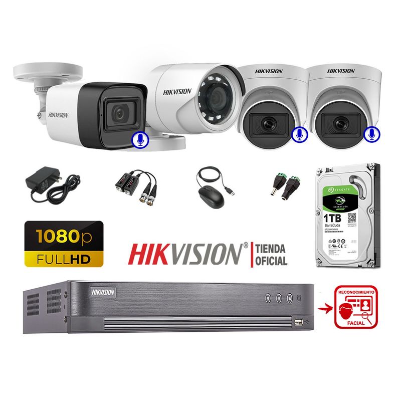 HIKVISION - KIT 4 CÁMARAS SEGURIDAD FULL HD 3 CAMARAS AUDIO RECO FACIAL