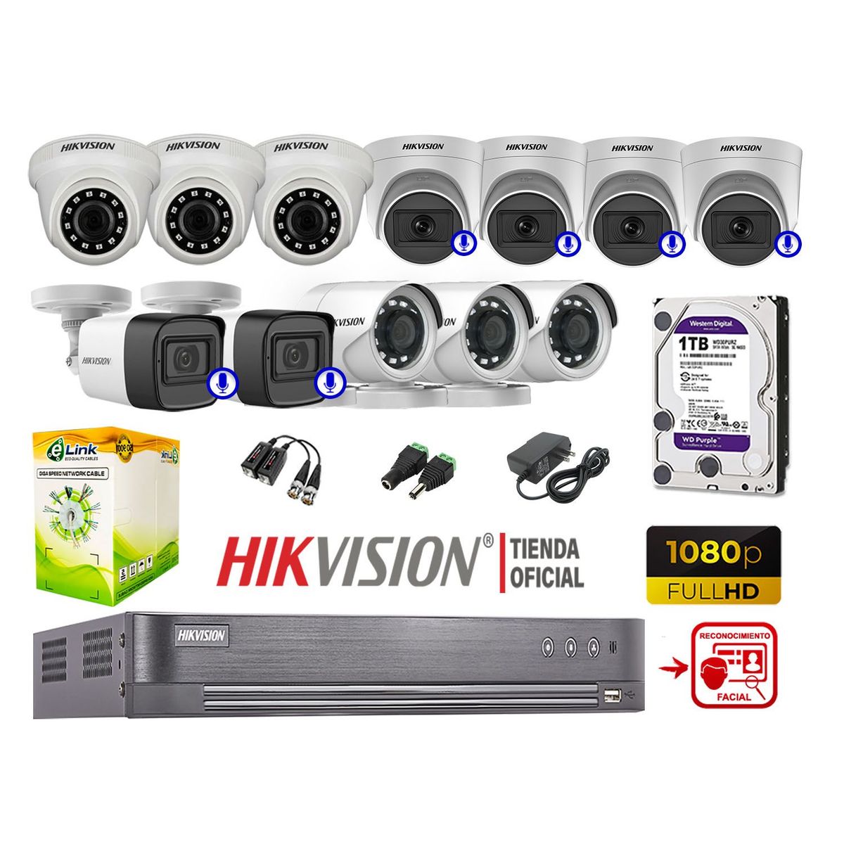HIKVISION - CÁMARAS SEGURIDAD KIT 12 FULL HD 6 CAMARAS AUDIO REC FACIAL