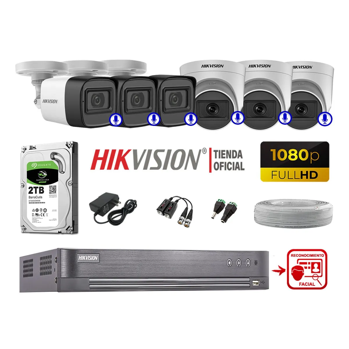 HIKVISION - CÁMARAS SEGURIDAD KIT 6 CON AUDIO FULL HD 1080P REC FACIAL.