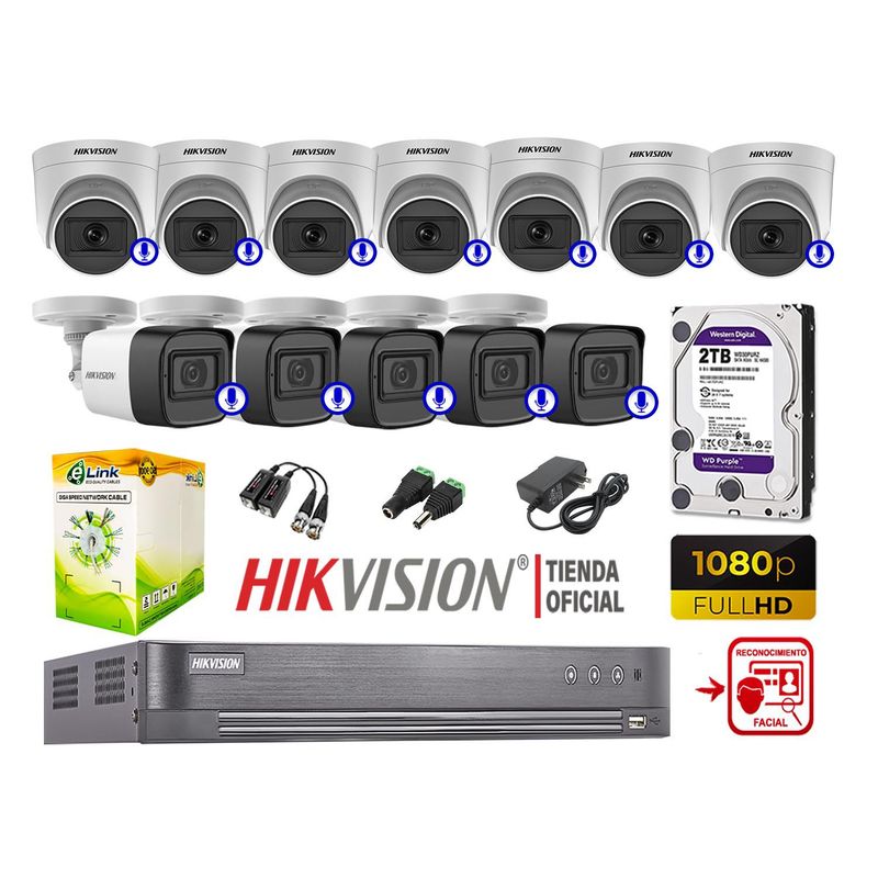 HIKVISION - CÁMARAS SEGURIDAD KIT 12 CON AUDIO FULL HD 1080P REC FACIAL