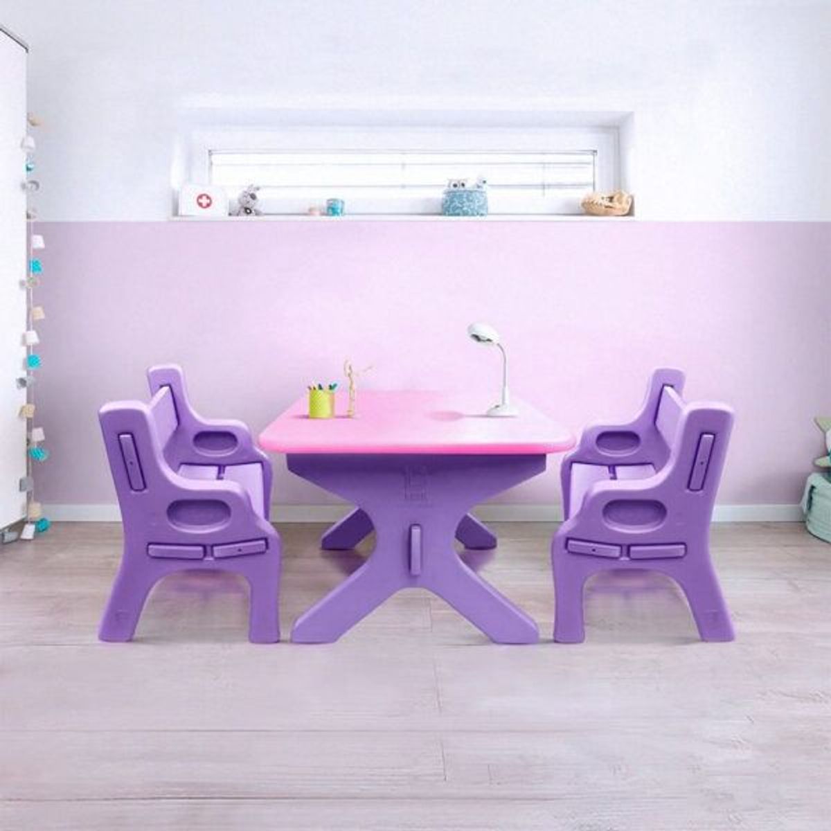 GENERICO - Set Didactico Mesa Y Bancas Infantil - Lila Y Rosado