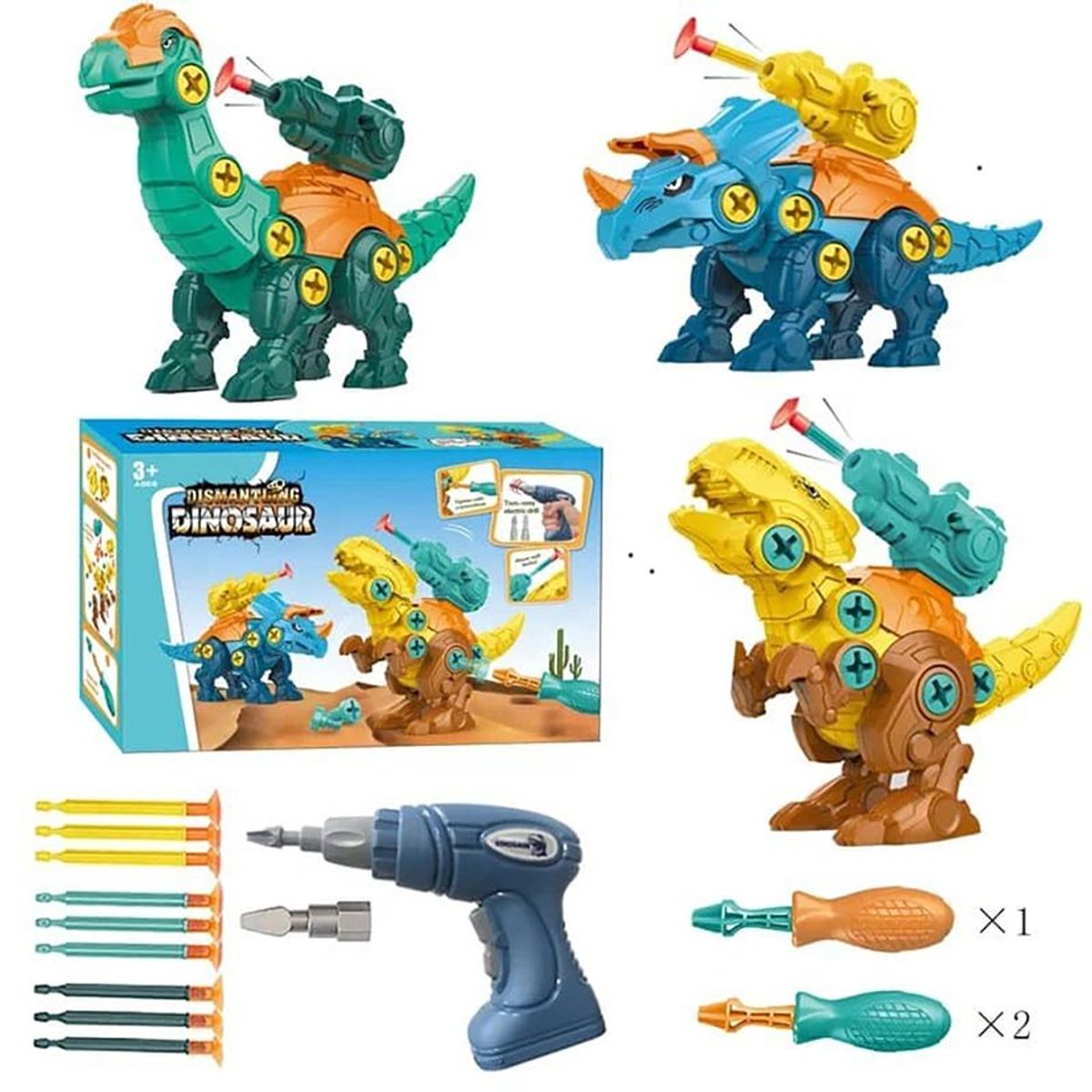 GENERICO - Juego Armable 3 dinosaurios+taladro eléctrico+Lanza Dardos