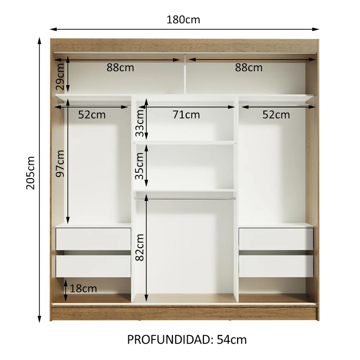 MADESA - Ropero Reno 3 Puertas Corredizas 4 Cajones