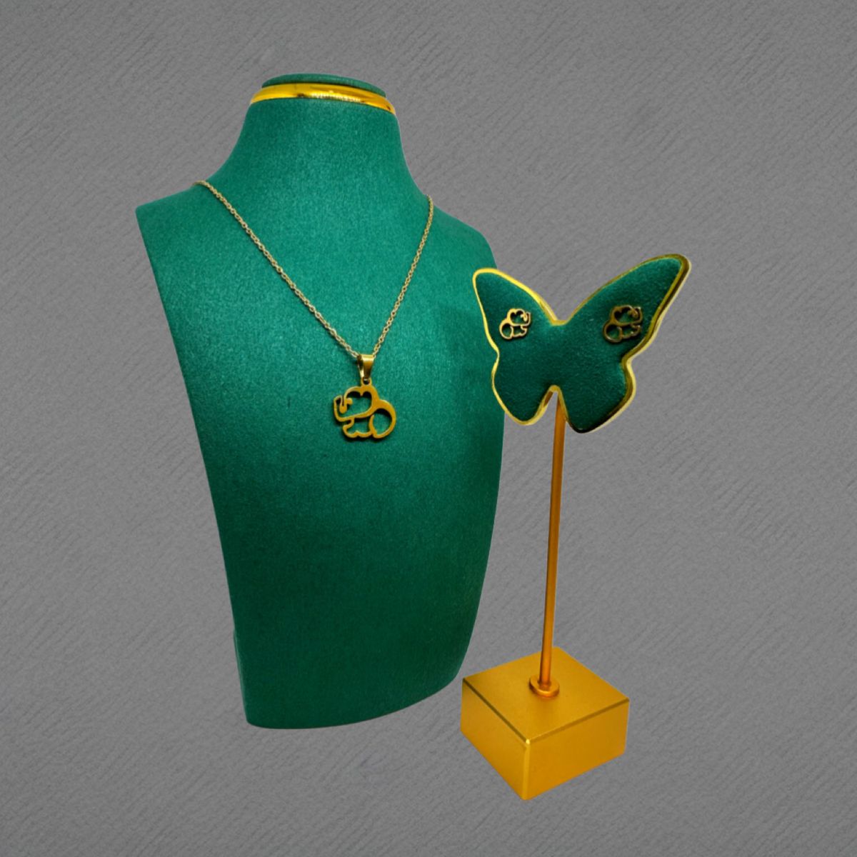 GENERICO - Pack Acero Collar con dije y Aretes - Elefante Bebe Dorado