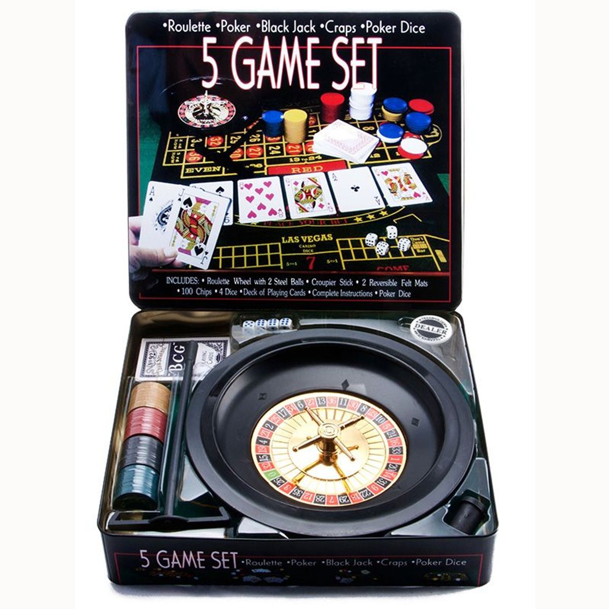 GENERICO - Set de Póker 5 En 1 - Ruleta, Casino, Dados - Caja de Metal