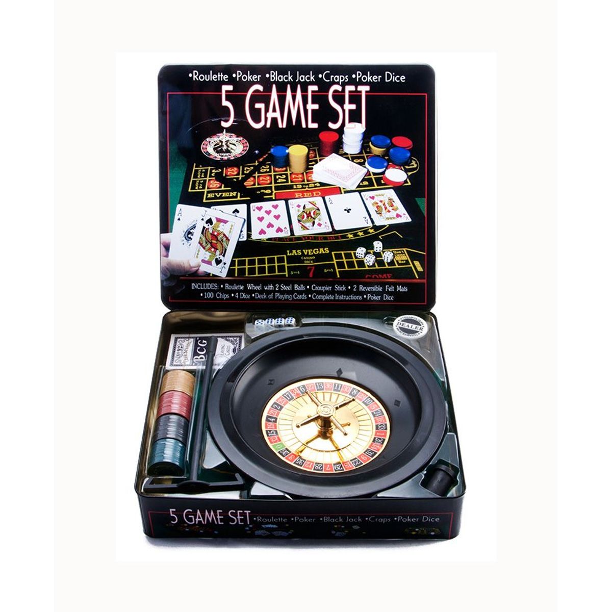 GENERICO - Set de Póker 5 En 1 - Ruleta, Casino, Dados - Caja de Metal