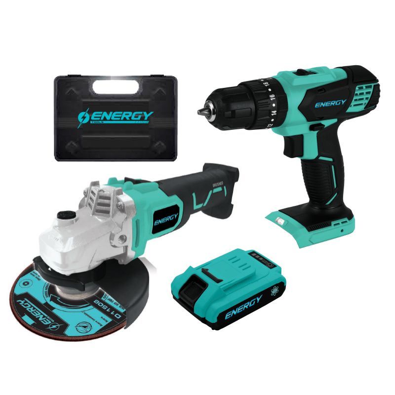 ENERGY - TALADRO PERCUTOR Y AMOLADORA ANGULAR RECARGABLE 20V MALETIN