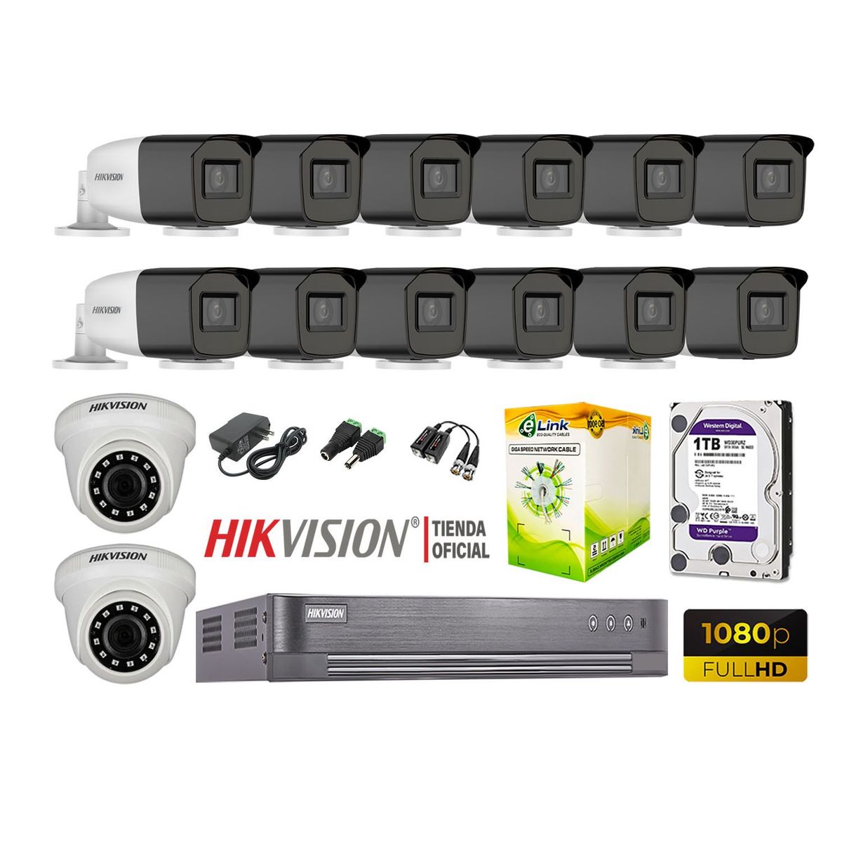 HIKVISION - Kit 14 Cámaras Seguridad Full Hd 1Tb Mayor Alcance Varifocal P2P