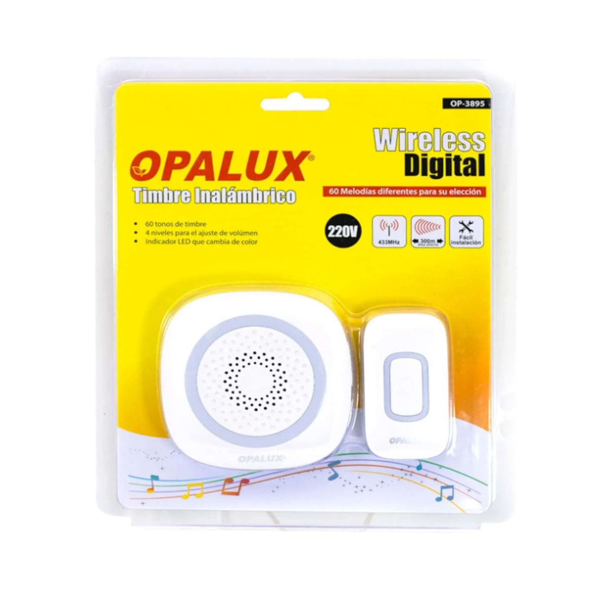 OPALUX - Timbre Inalámbrico Portátil 220V 60 Melodías OP-3895 OPALUX