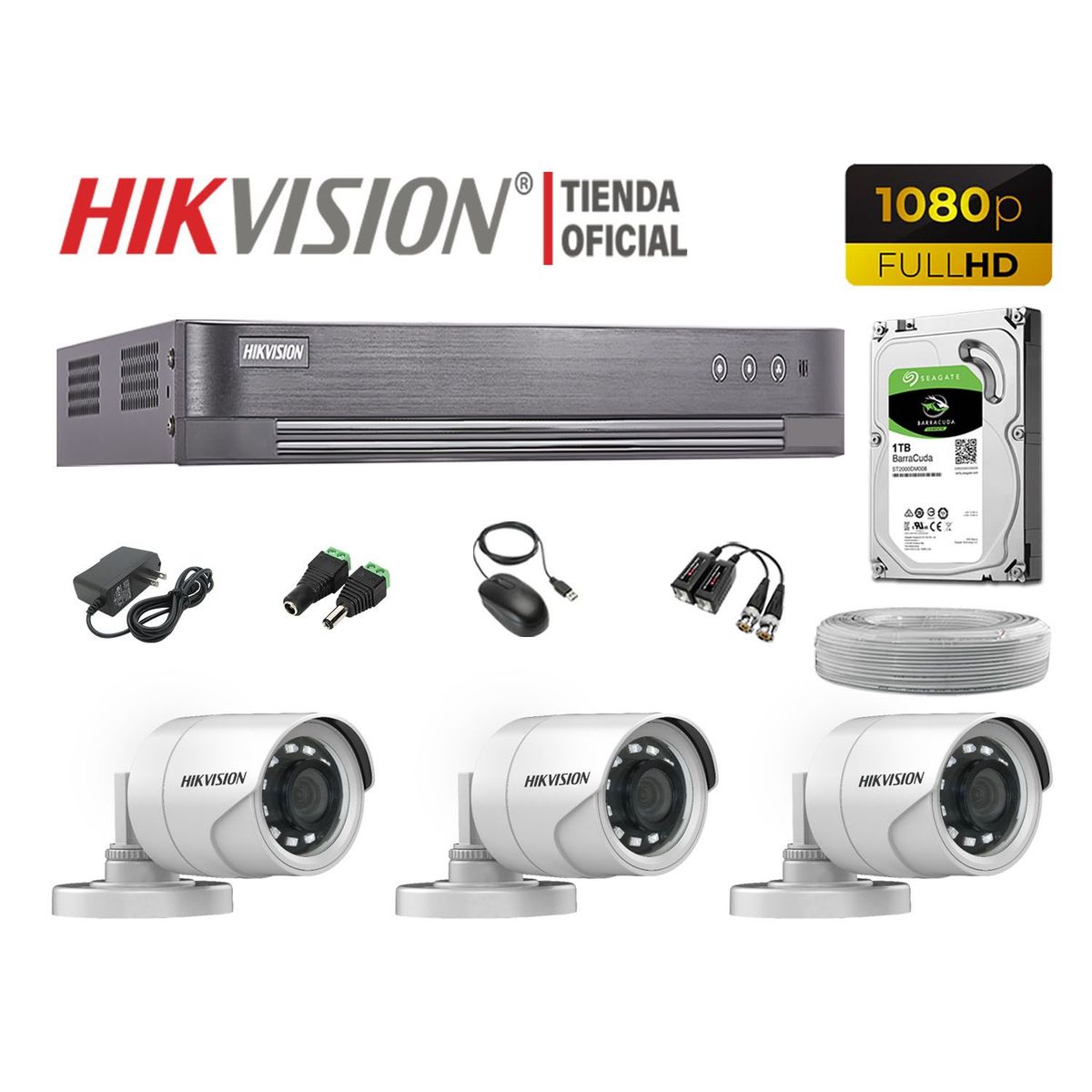HIKVISION - KIT 3 CÁMARAS SEGURIDAD EXTERIOR  FULL HD 1080P + DISCO 1TB