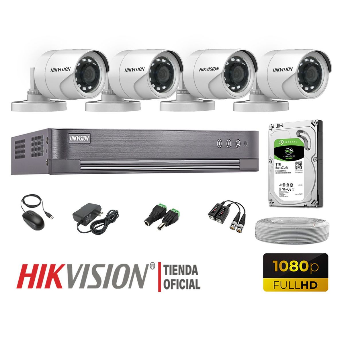 HIKVISION - KIT 4 CÁMARAS SEGURIDAD EXTERIOR  FULL HD 1080P + DISCO 1TB