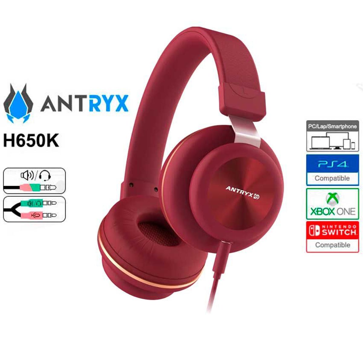ANTRYX - AURICULAR ANTRYX H650R Rojo 35mm tablets Xbox PS4 PC