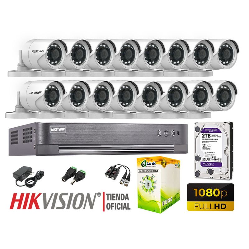 HIKVISION - KIT 16 CÁMARAS SEGURIDAD EXTERIOR  FULL HD 1080P + DISCO 2TB
