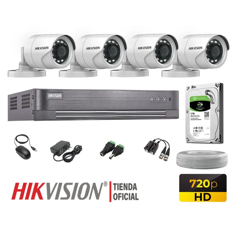 HIKVISION - KIT 4 CÁMARAS SEGURIDAD EXTERIOR  HD 720P + DISCO 1TB WD P2P