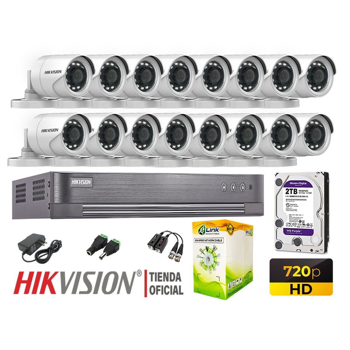 HIKVISION - KIT 16 CÁMARAS SEGURIDAD EXTERIOR  HD 720P + DISCO 2TB WD P2P