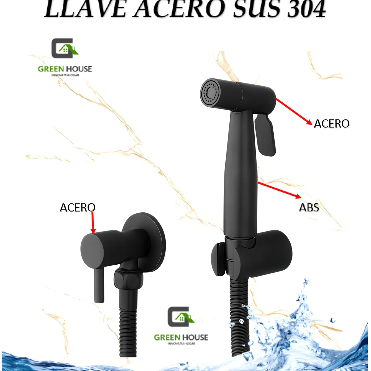 GREEN HOUSE - DUCHA BIDET COLOR NEGRO CON LLAVE ACERO SUS 304