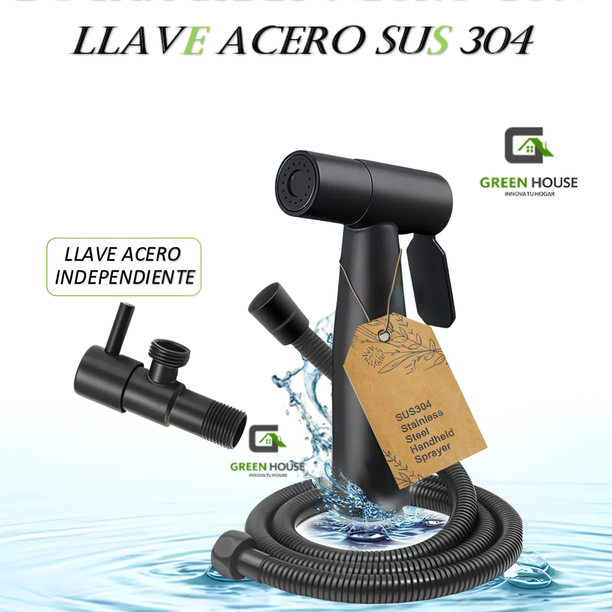 GREEN HOUSE - DUCHA BIDET COLOR NEGRO CON LLAVE ACERO SUS 304