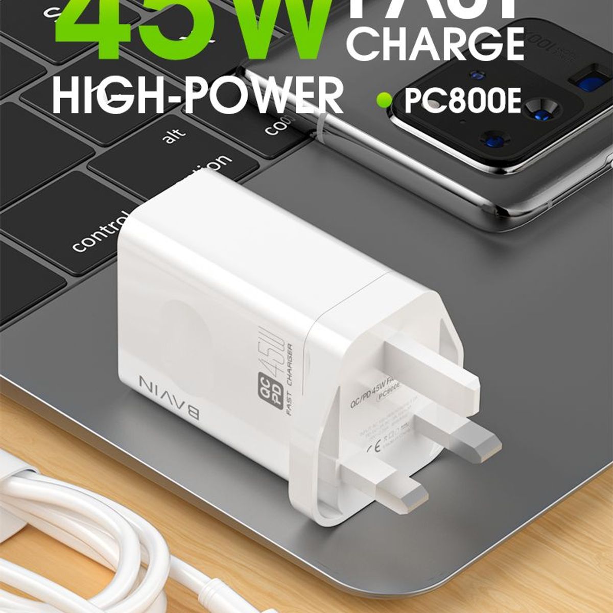 BAVIN - BAVIN PC800 CARGADOR RAPIDO E INTELIGENTE45W CON CABLE C 60W