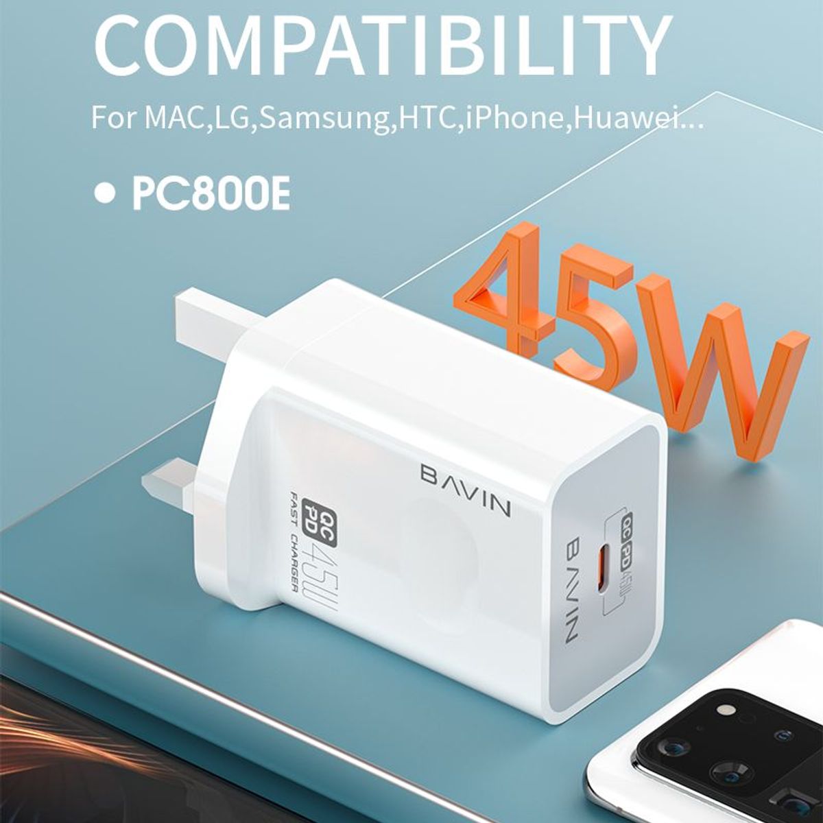 BAVIN - BAVIN PC800 CARGADOR RAPIDO E INTELIGENTE45W CON CABLE C 60W