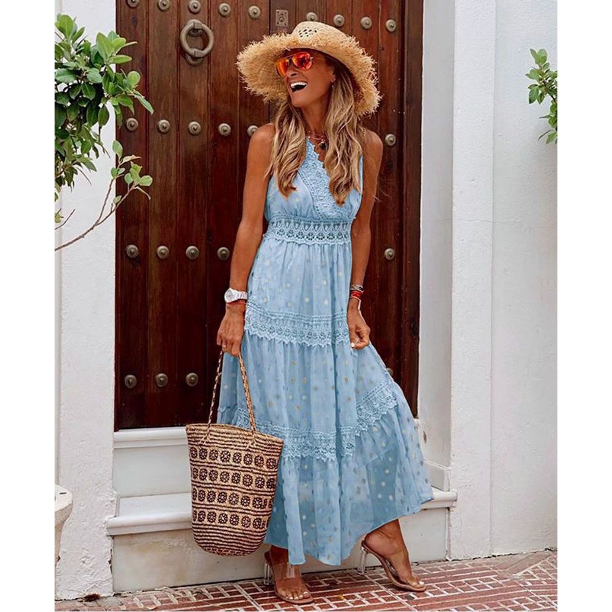 BLWOENS - Vestido largo de fiesta para mujer - Celeste