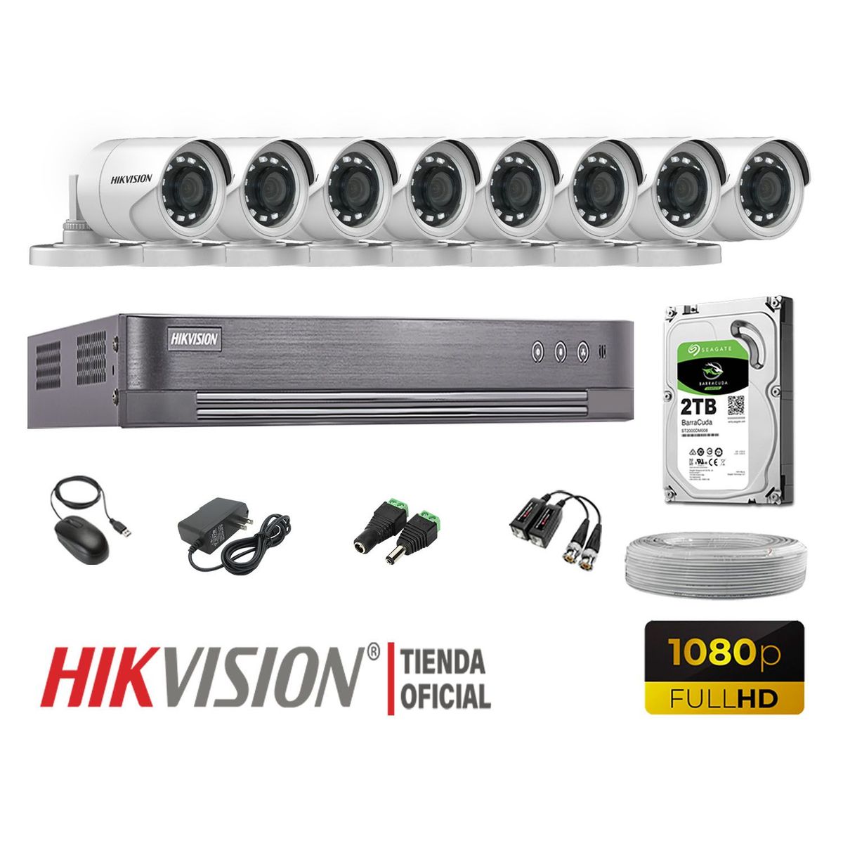 HIKVISION - KIT 8 CÁMARAS SEGURIDAD EXTERIOR  FULL HD 1080P + DISCO 2TB