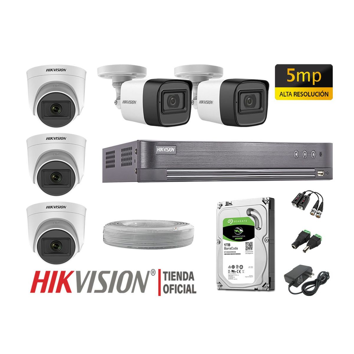 HIKVISION - KIT 5 CÁMARAS SEGURIDAD 5MP + DISCO 1TB COMPLETO