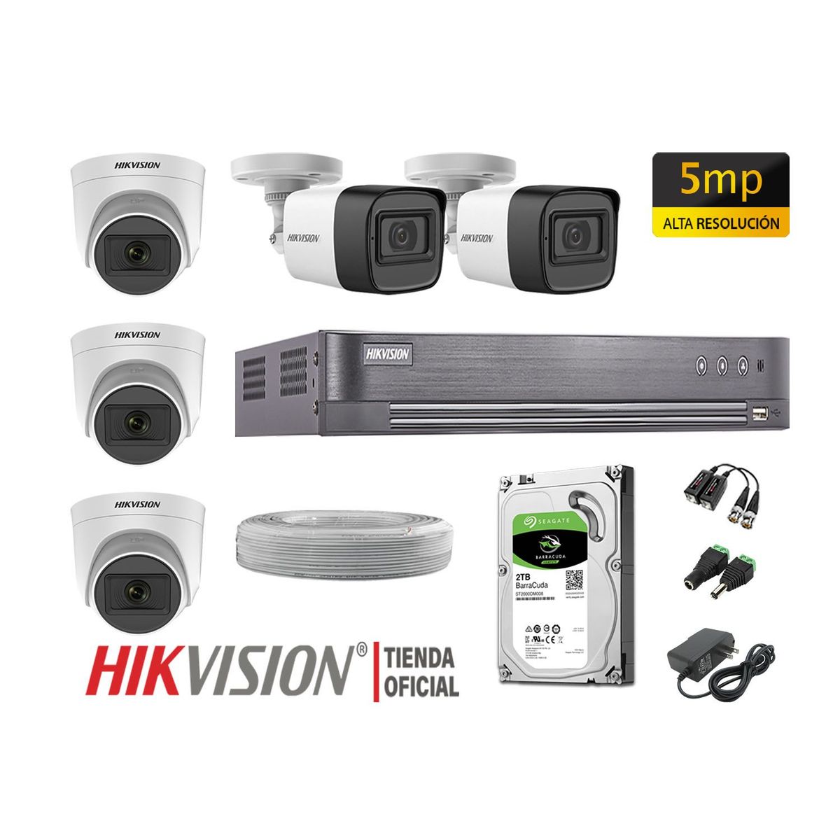 HIKVISION - KIT 5 CÁMARAS SEGURIDAD 5MP + DISCO 2TB COMPLETO