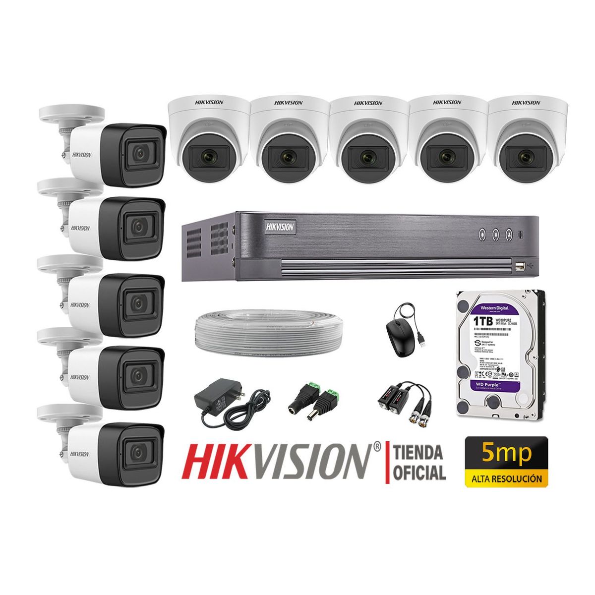 HIKVISION - KIT 10 CÁMARAS SEGURIDAD 5MP + DISCO 1TB COMPLETO