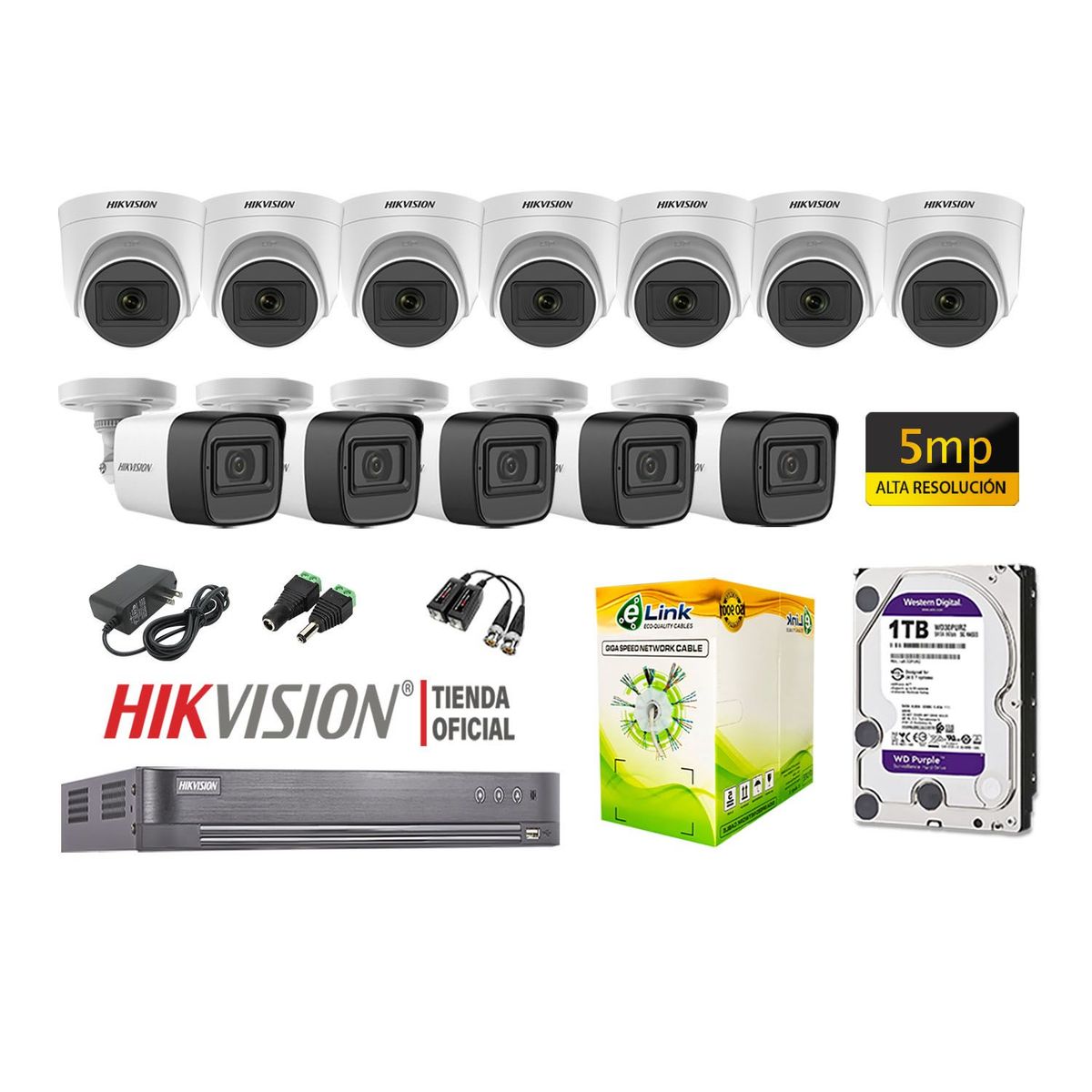 HIKVISION - KIT 12 CÁMARAS SEGURIDAD 5MP + DISCO 1TB COMPLETO