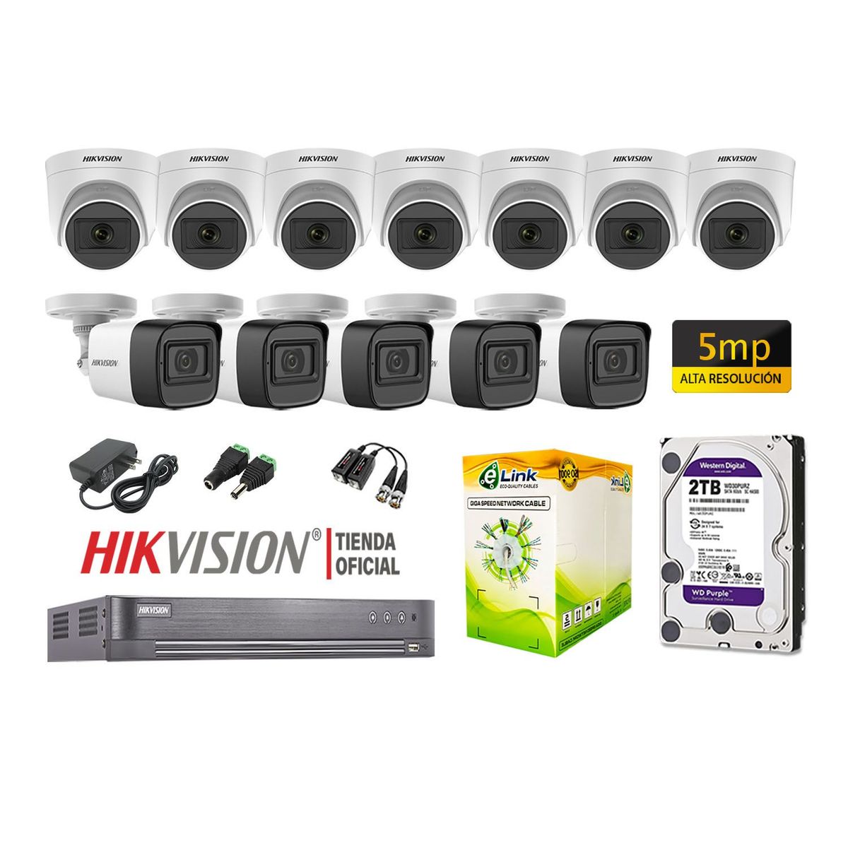 HIKVISION - KIT 12 CÁMARAS SEGURIDAD 5MP + DISCO 2TB COMPLETO