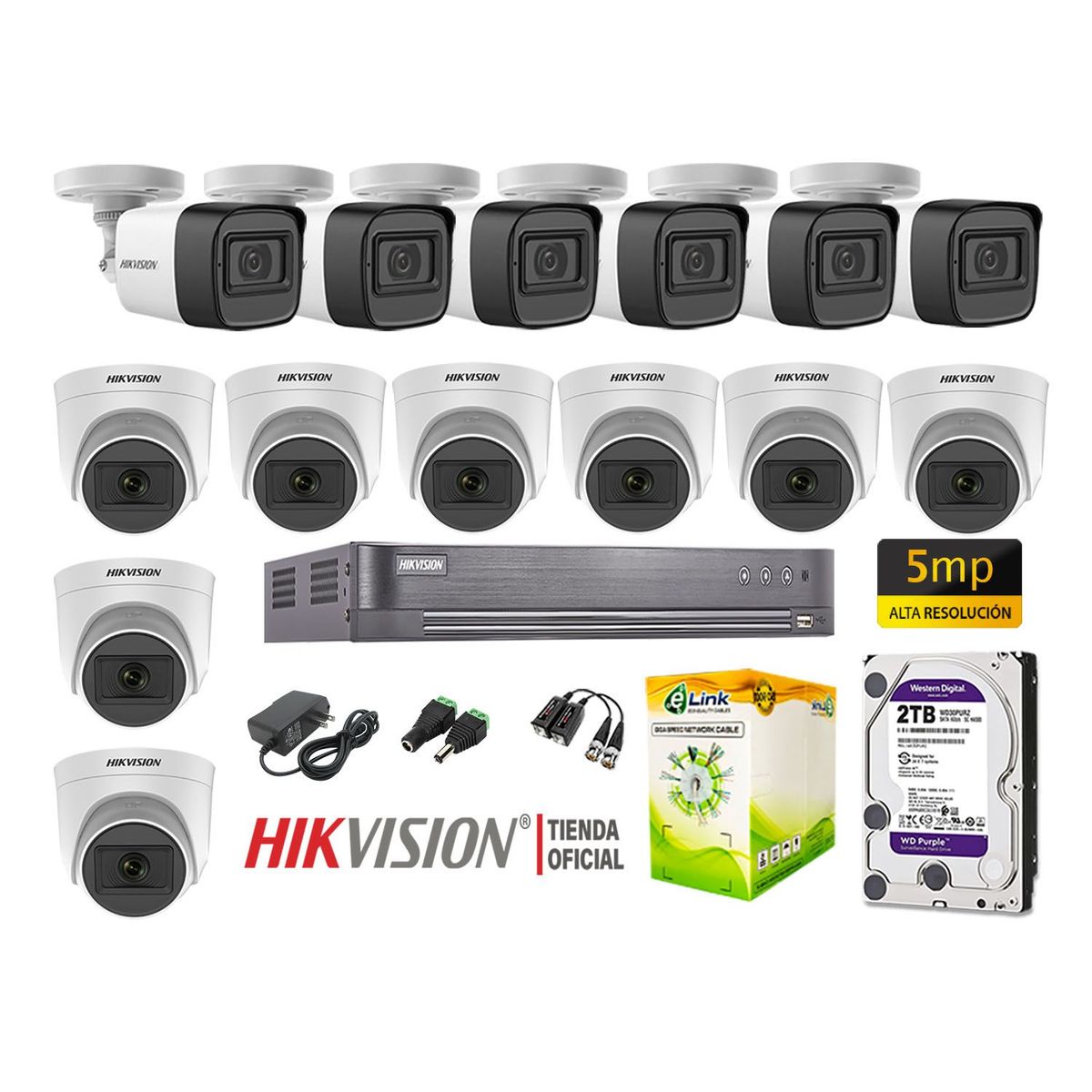 HIKVISION - KIT 14 CÁMARAS SEGURIDAD 5MP + DISCO 2TB COMPLETO