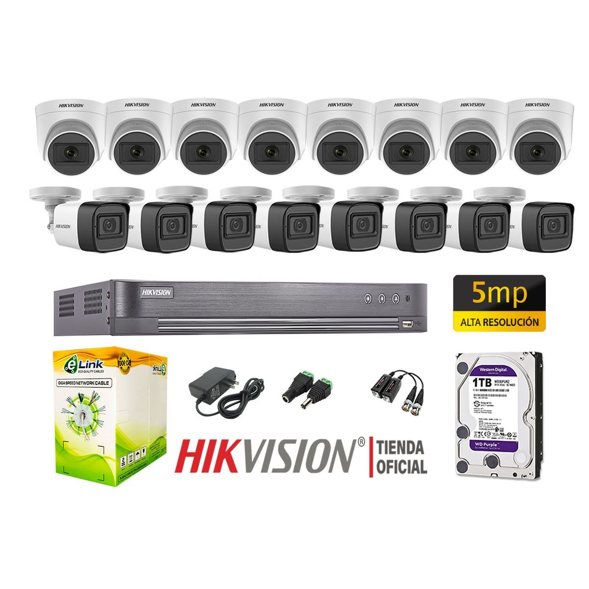 HIKVISION - KIT 16 CÁMARAS SEGURIDAD 5MP + DISCO 1TB COMPLETO