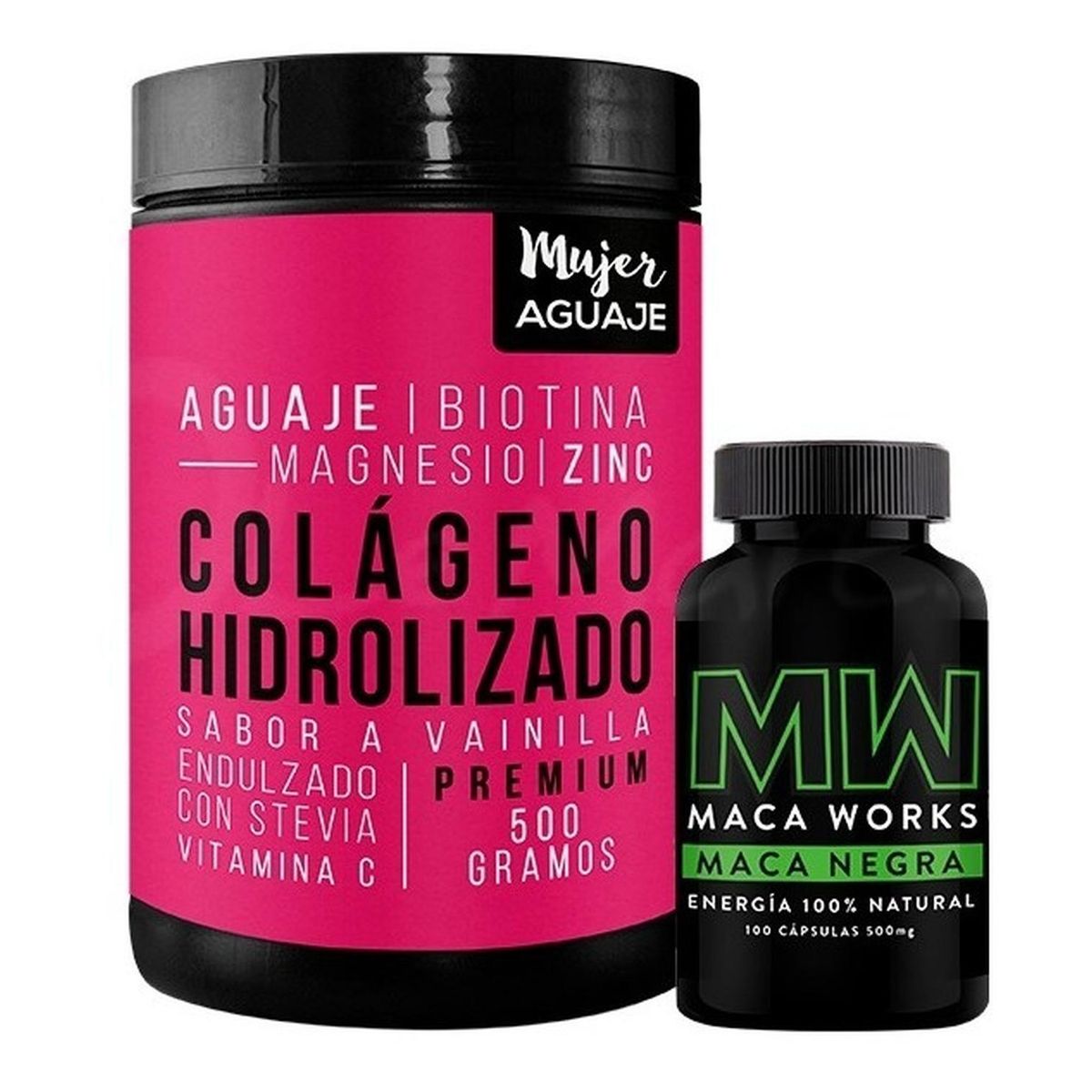 MUJER AGUAJE - Colágeno Hidrolizado Sabor Vainilla 500G + Maca Negra 100 cápsulas