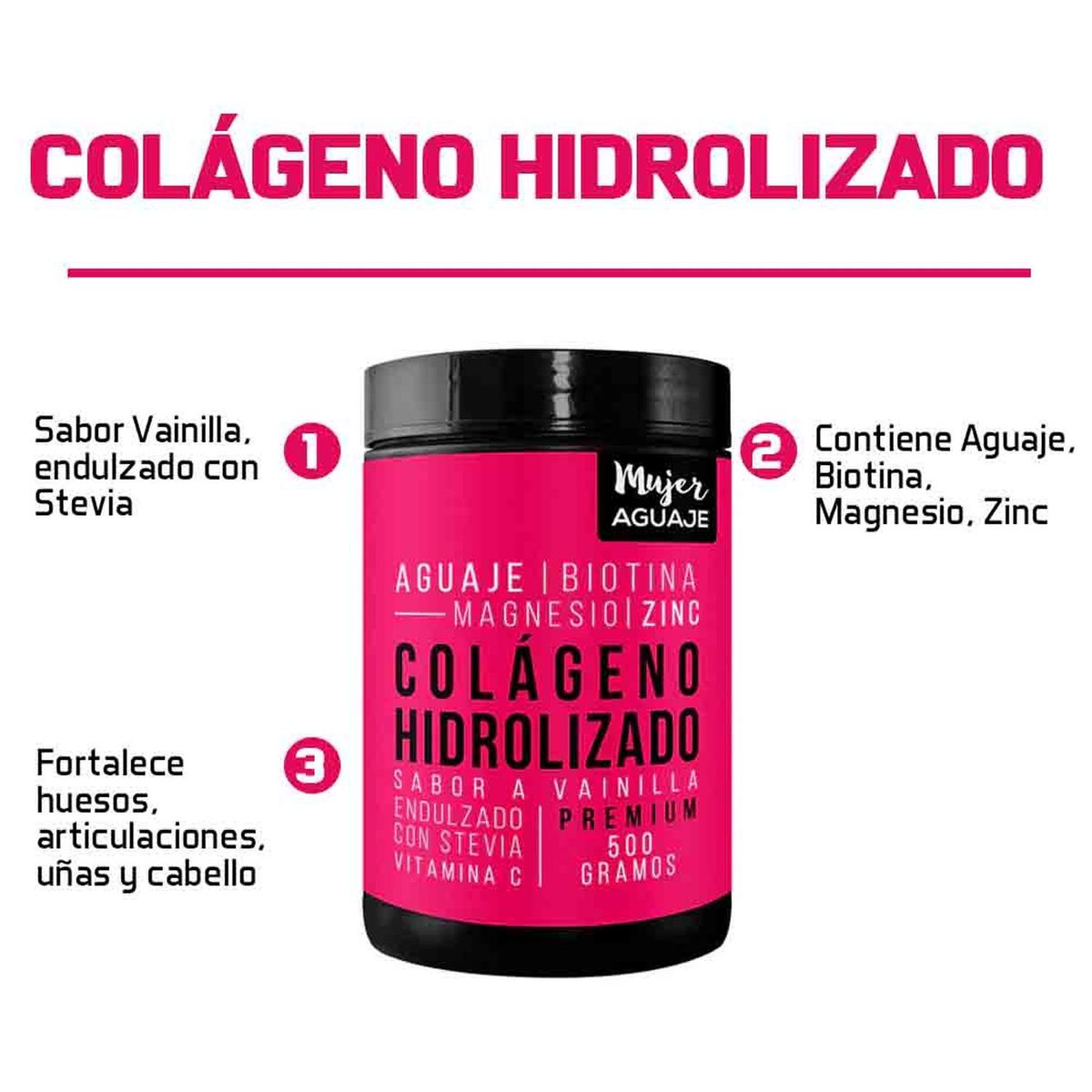 MUJER AGUAJE - Colágeno Hidrolizado Sabor Vainilla 500G + Maca Negra 100 cápsulas