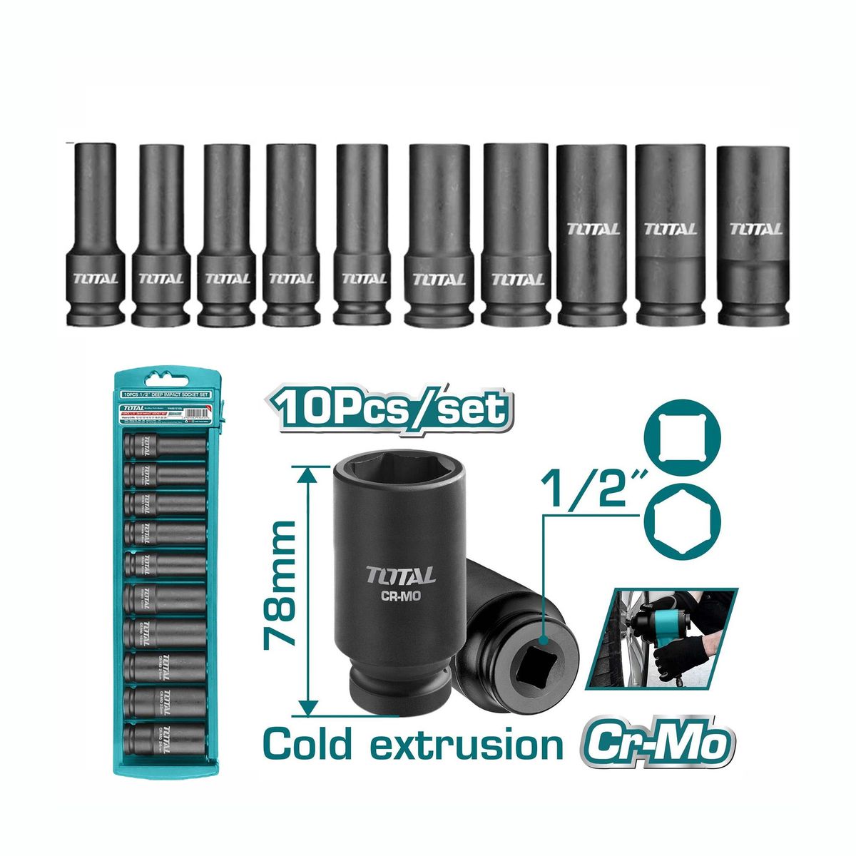 TOTAL TOOLS - JUEGO DE DADOS LARGO DE IMPACTO 10PZS 12 X 78MM TOTAL - THKISD12102L