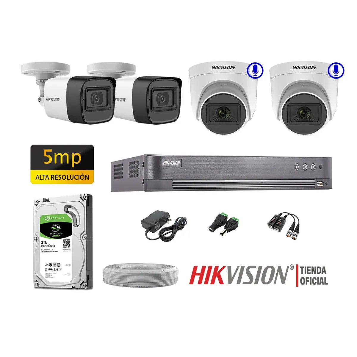 HIKVISION - Kit 4 Cámaras Seguridad 5Mp 02 Camaras Audio Incorporado Completo